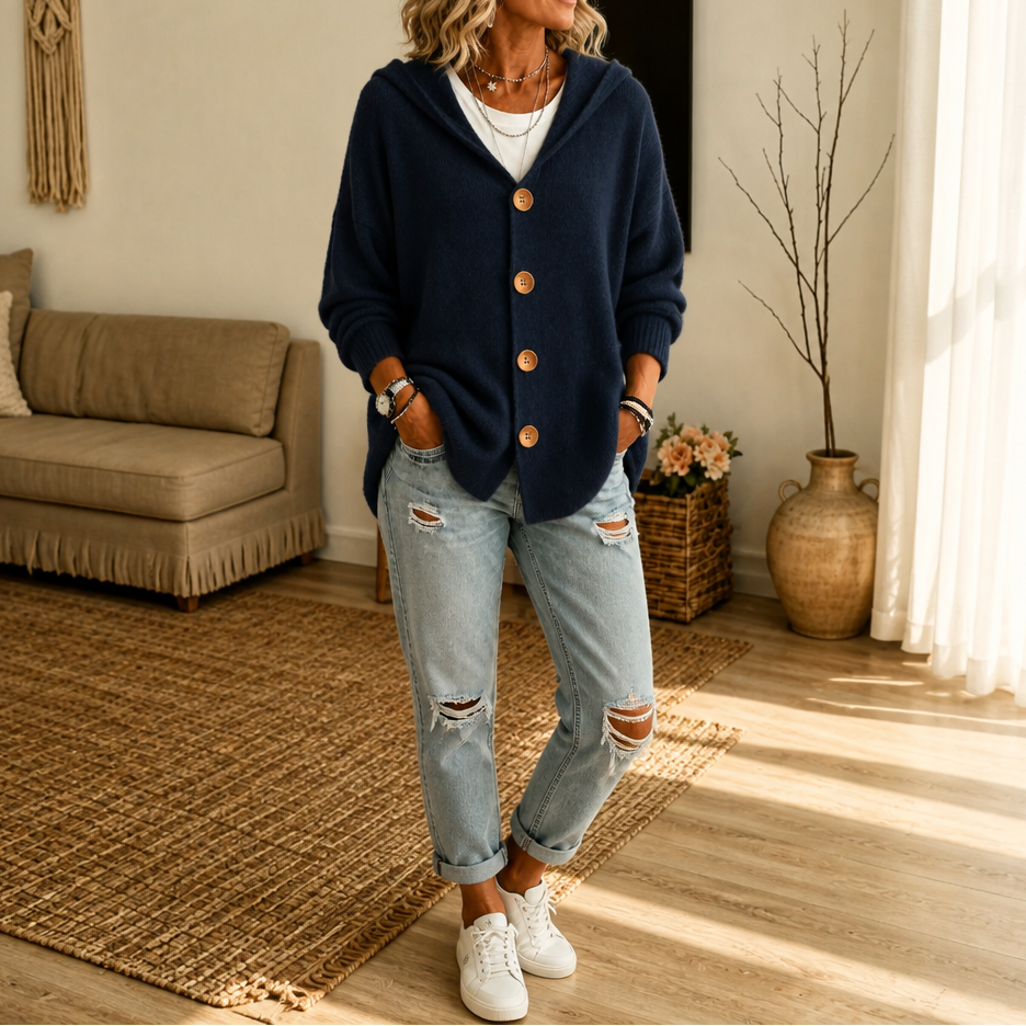 Women's hooded waffle-knit cardigan with button front and side pockets