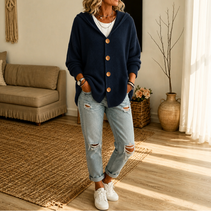 Women's hooded waffle-knit cardigan with button front and side pockets