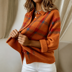 Women's plaid shirt-collar cardigan with long sleeves and button front