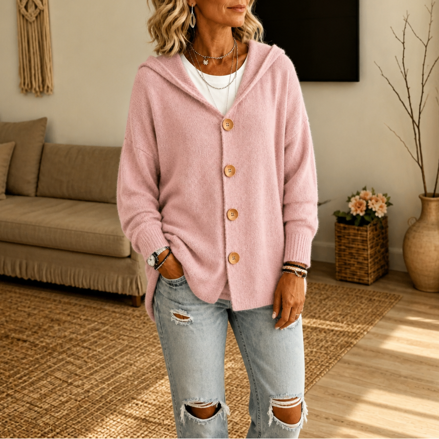 Women's hooded waffle-knit cardigan with button front and side pockets