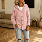 Women's hooded waffle-knit cardigan with button front and side pockets
