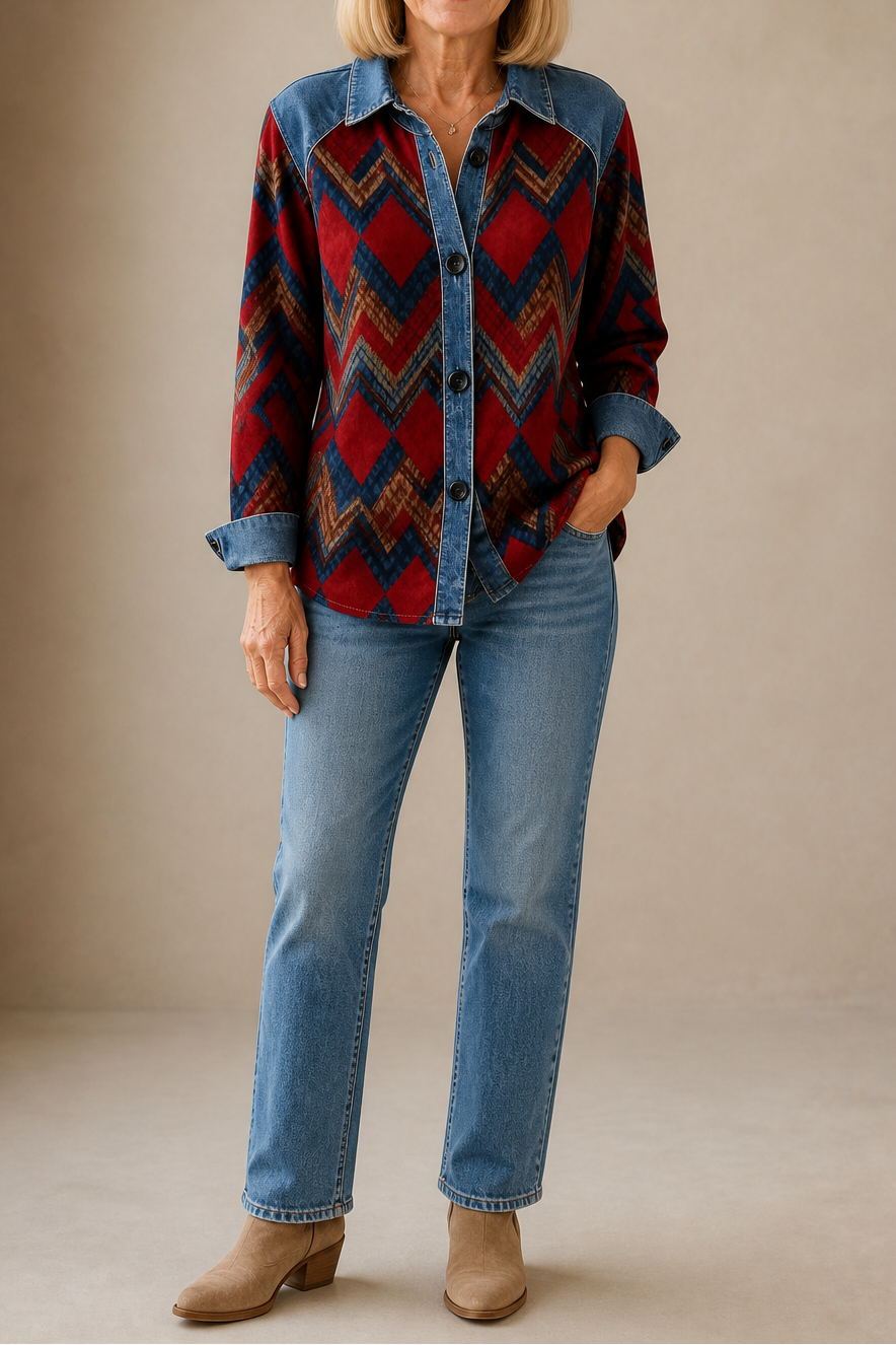 Women's checked plaid hooded cardigan with denim-look trim and button front
