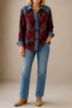 Women's checked plaid hooded cardigan with denim-look trim and button front