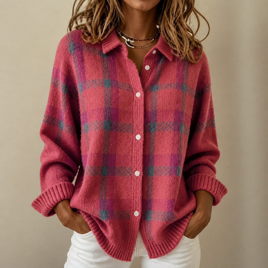 Women's plaid shirt-collar cardigan with long sleeves and button front