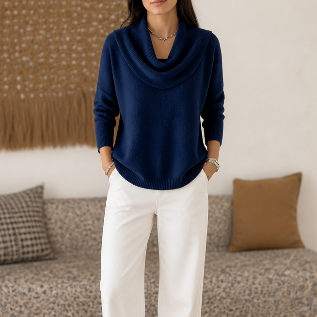 Women's cowl neck knit sweater with long sleeves and ribbed hem