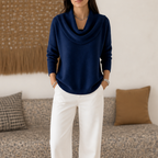 Women's cowl neck knit sweater with long sleeves and ribbed hem