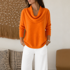 Women's cowl neck knit sweater with long sleeves and ribbed hem