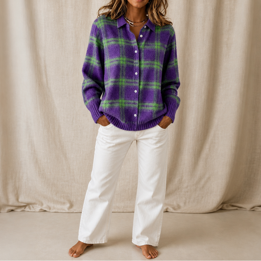 Women's plaid shirt-collar cardigan with long sleeves and button front