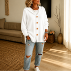 Women's hooded waffle-knit cardigan with button front and side pockets