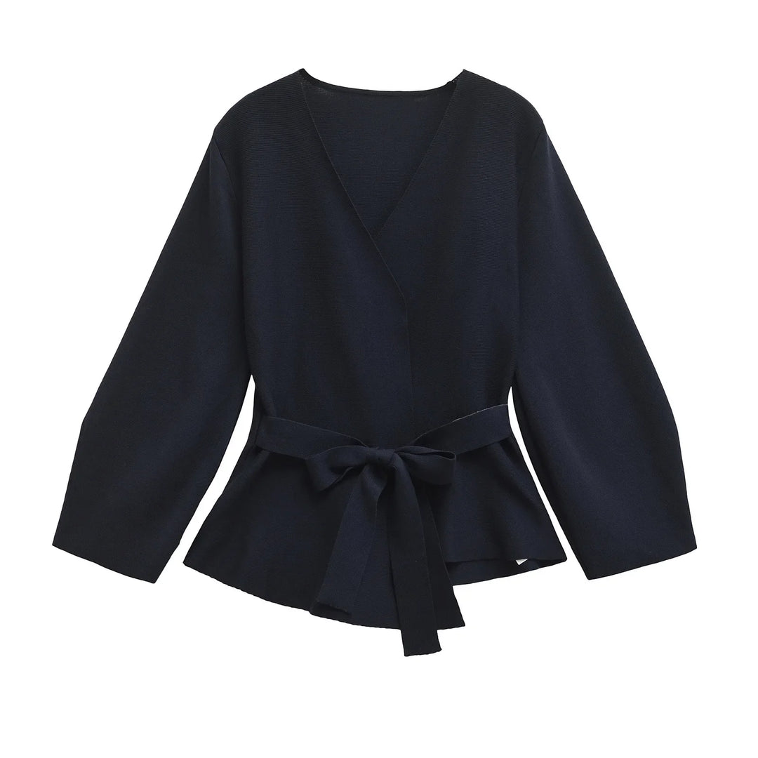 Women's kimono knit top with V-neck and tie waist