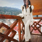 Women's quilted belted ski jumpsuit with high collar and long sleeves