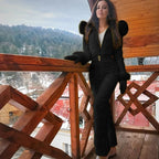 Women's quilted belted ski jumpsuit with high collar and long sleeves