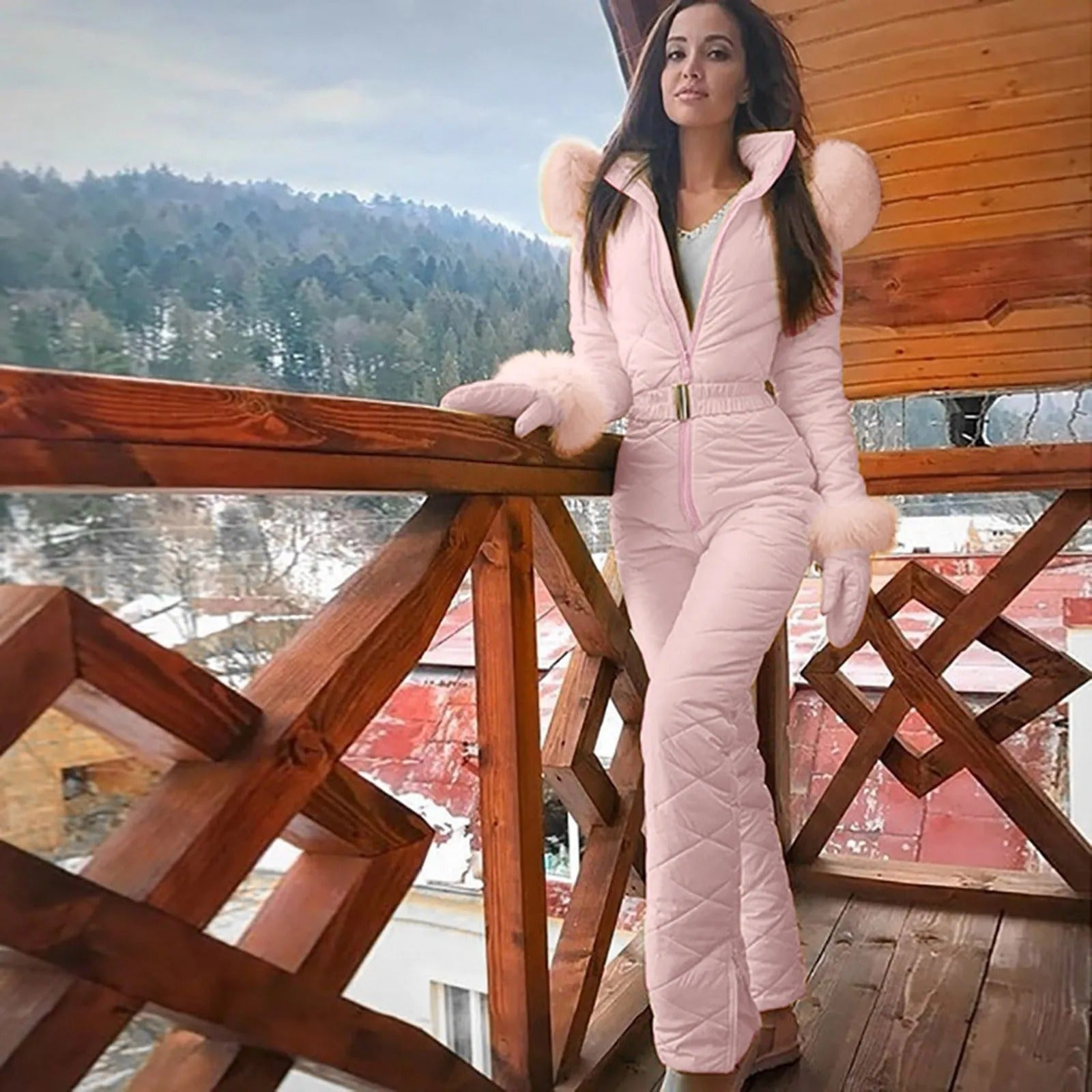 Women's quilted belted ski jumpsuit with high collar and long sleeves