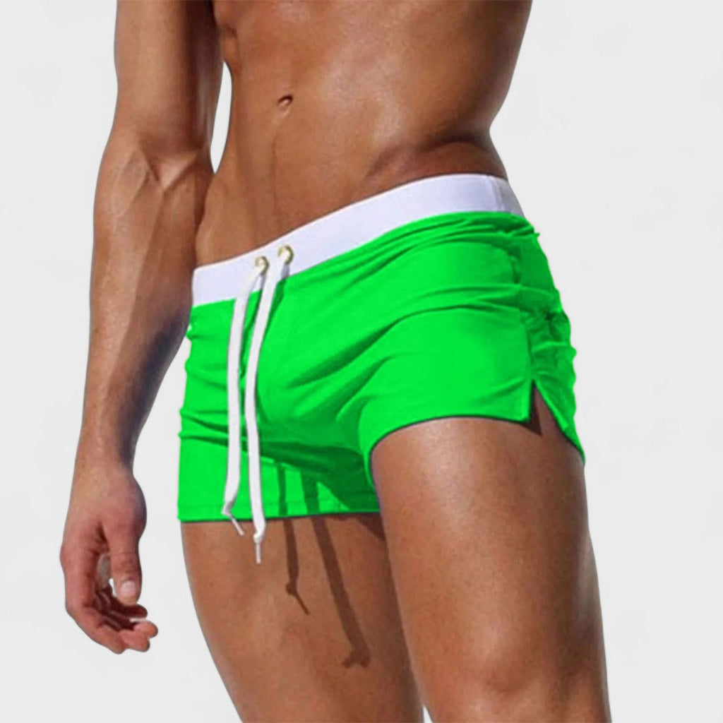 Men's mid-length swim shorts with drawstring waist in white and contrast trim