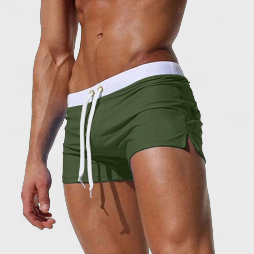 Men's mid-length swim shorts with drawstring waist in white and contrast trim