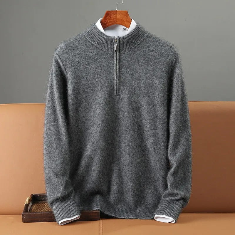 Men's half-zip mock neck jumper with long sleeves and ribbed trims