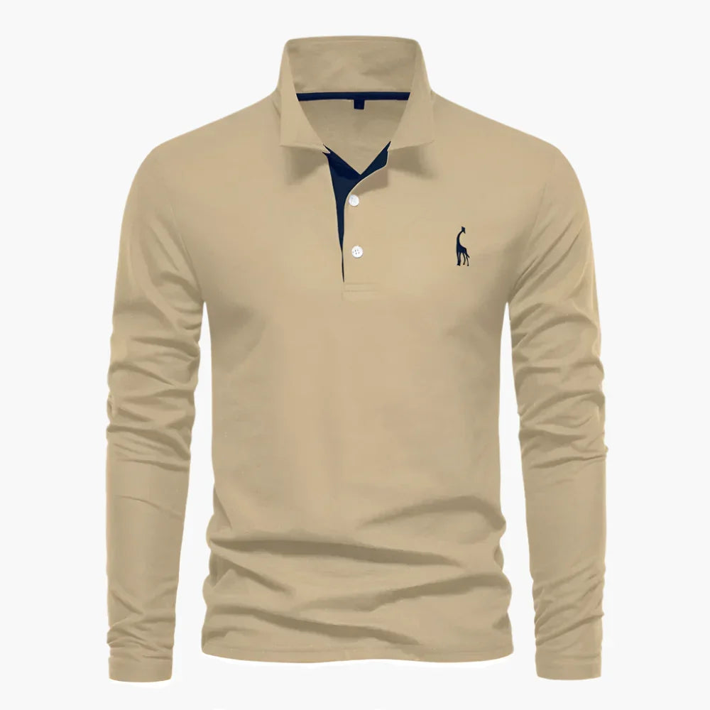 Men's long-sleeve polo shirt with turn-down collar and button placket
