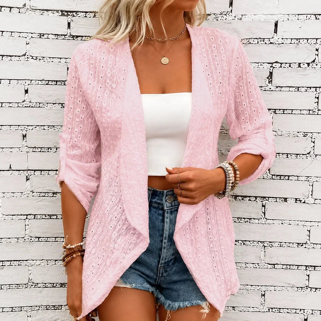 Women's open-front eyelet waterfall cardigan with three-quarter sleeves