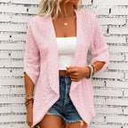Women's open-front eyelet waterfall cardigan with three-quarter sleeves