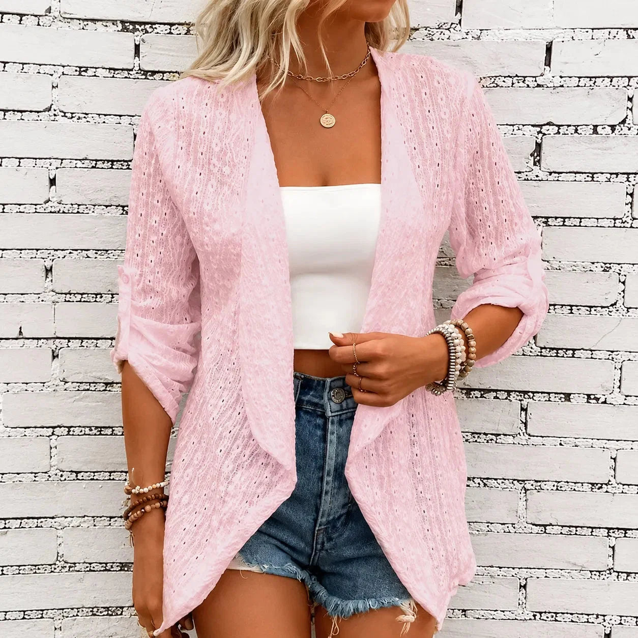 Women's open-front eyelet waterfall cardigan with three-quarter sleeves
