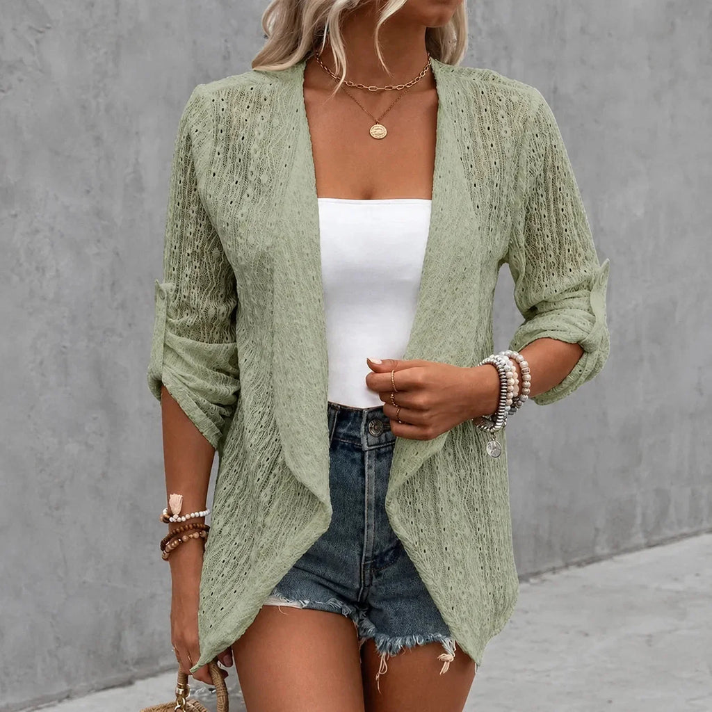 Women's open-front eyelet waterfall cardigan with three-quarter sleeves