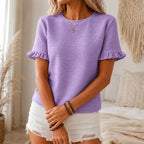 Women's textured crew neck top with short flutter sleeves