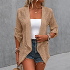 Women's open-front eyelet waterfall cardigan with three-quarter sleeves