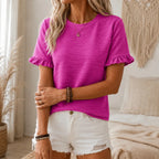 Women's textured crew neck top with short flutter sleeves