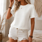 Women's textured crew neck top with short flutter sleeves