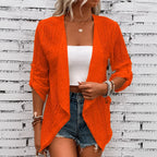 Women's open-front eyelet waterfall cardigan with three-quarter sleeves