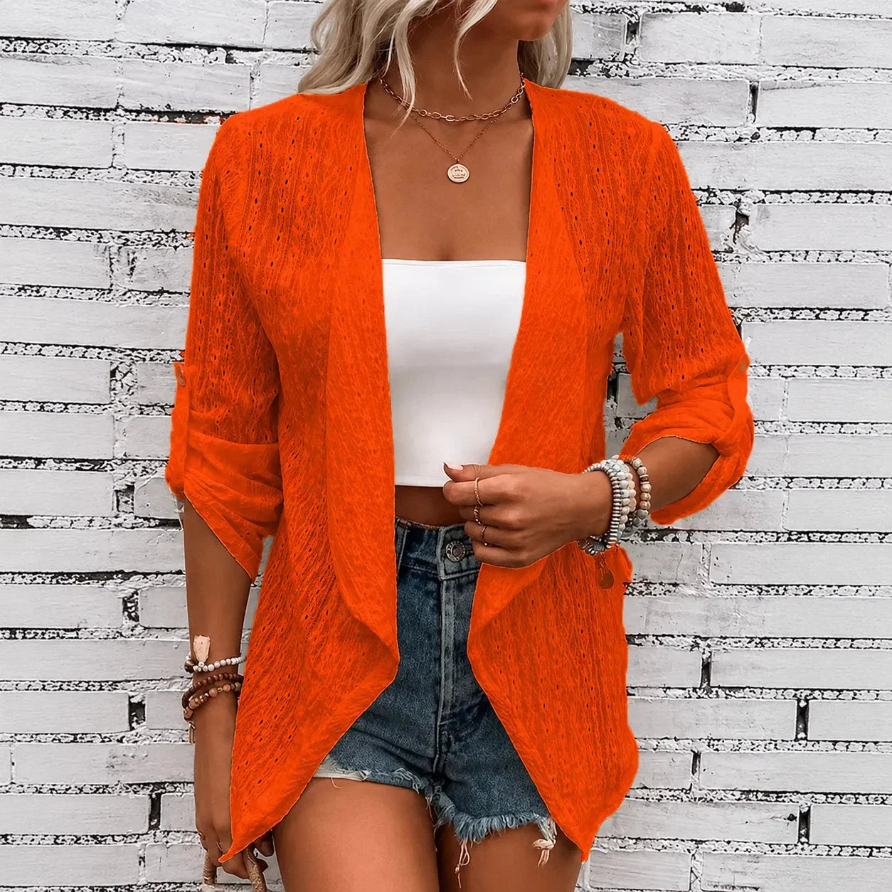 Women's open-front eyelet waterfall cardigan with three-quarter sleeves