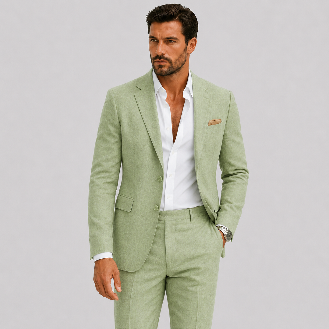 Men's tailored two-piece suit with notched lapels and matching trousers
