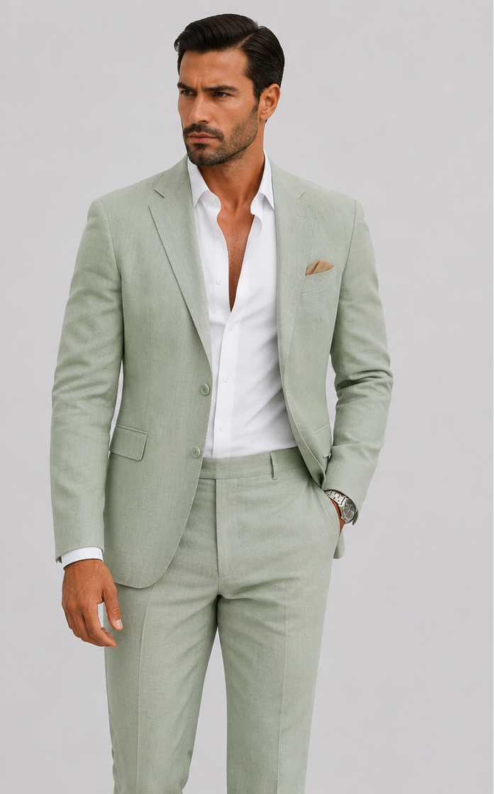 Men's tailored two-piece suit with notched lapels and matching trousers
