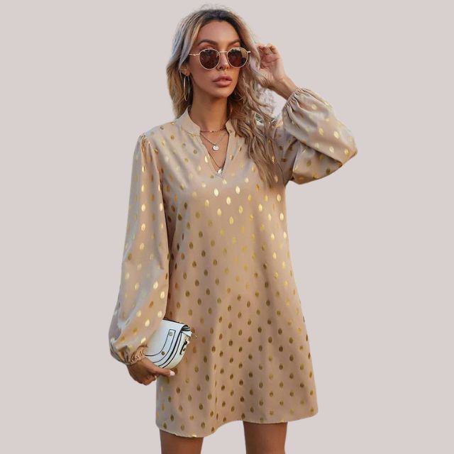 Women's Gold Foil Polka Dot Long Sleeve Mini Dress