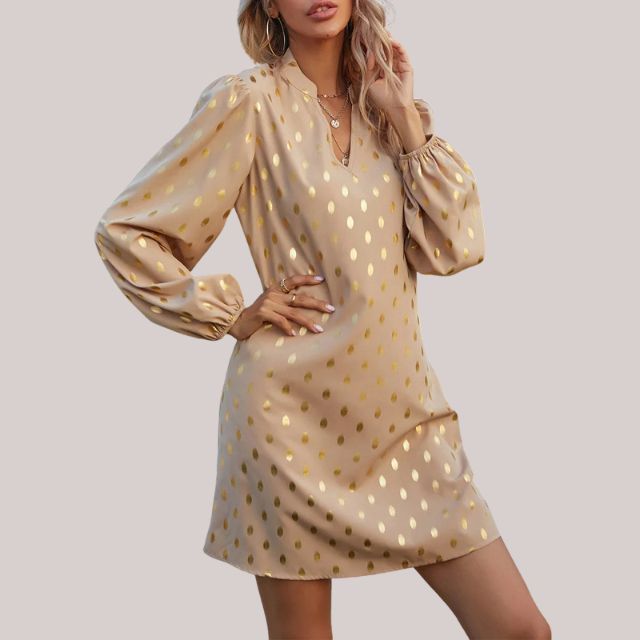 Women's Gold Foil Polka Dot Long Sleeve Mini Dress