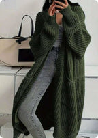 Women's long ribbed knit cardigan with open front, shawl collar and front pockets