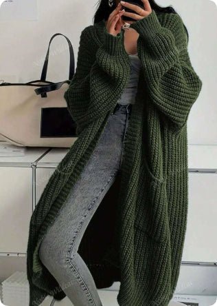 Women's long ribbed knit cardigan with open front, shawl collar and front pockets