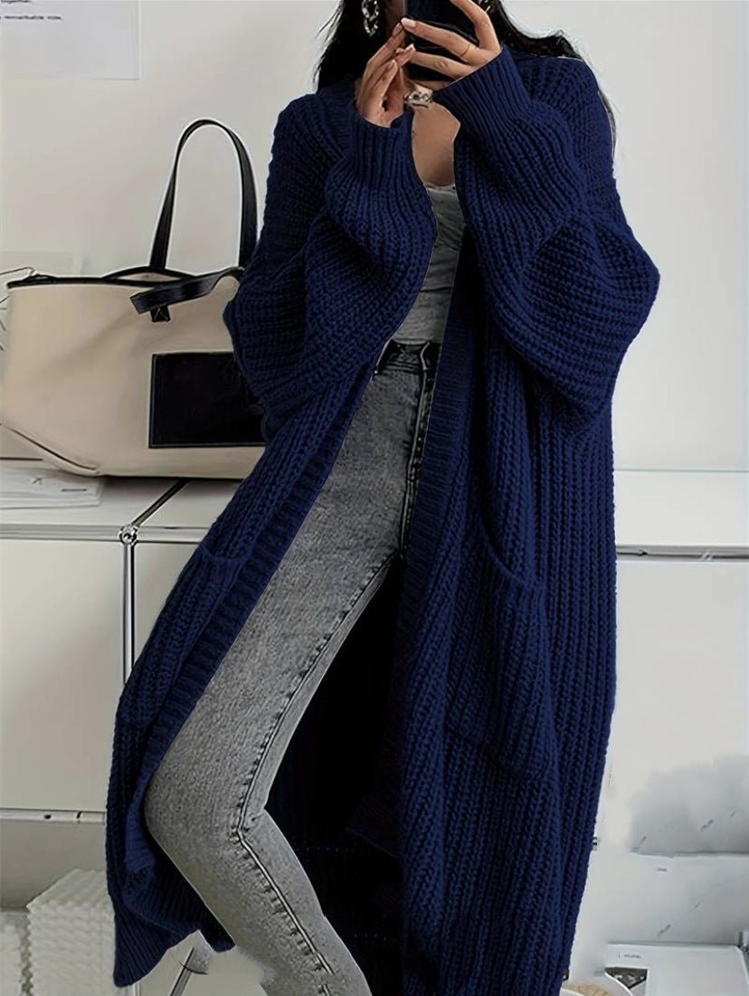 Women's long ribbed knit cardigan with open front, shawl collar and front pockets