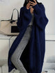 Women's long ribbed knit cardigan with open front, shawl collar and front pockets