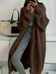 Women's long ribbed knit cardigan with open front, shawl collar and front pockets