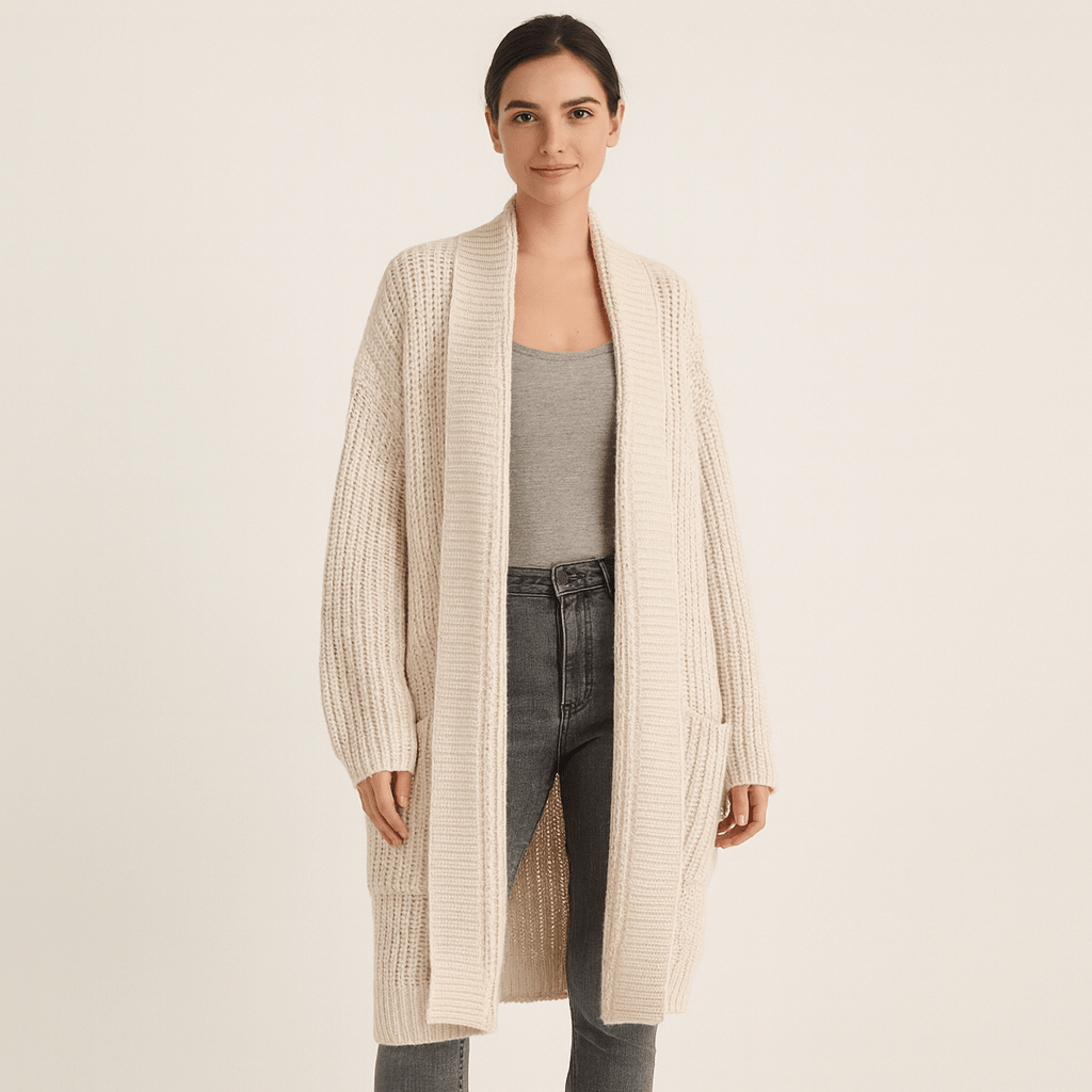 Women's long ribbed knit cardigan with open front, shawl collar and front pockets
