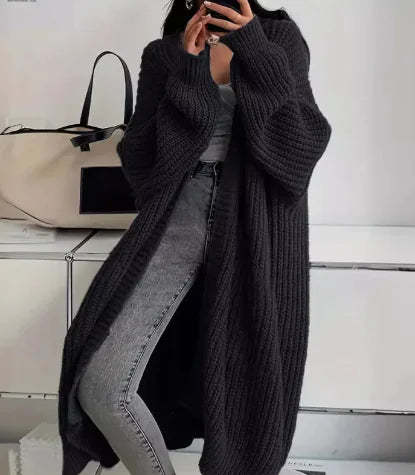 Women's long ribbed knit cardigan with open front, shawl collar and front pockets