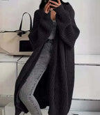 Women's long ribbed knit cardigan with open front, shawl collar and front pockets