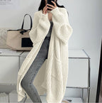 Women's long ribbed knit cardigan with open front, shawl collar and front pockets