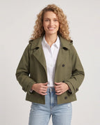 Women's cropped hooded trench jacket with buttons and angled pockets