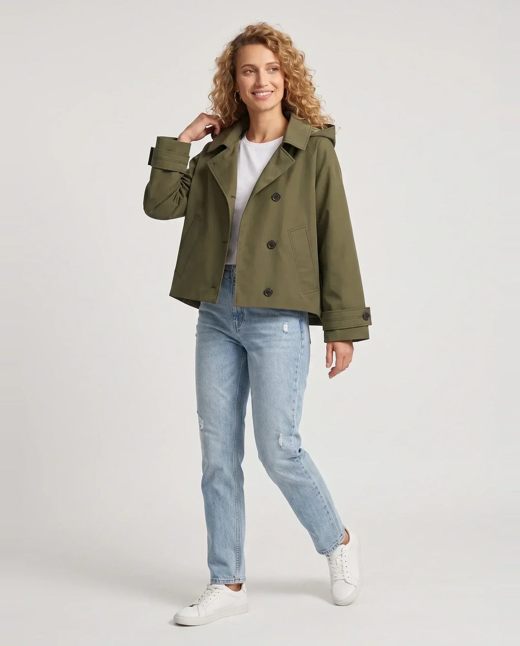 Women's cropped hooded trench jacket with buttons and angled pockets