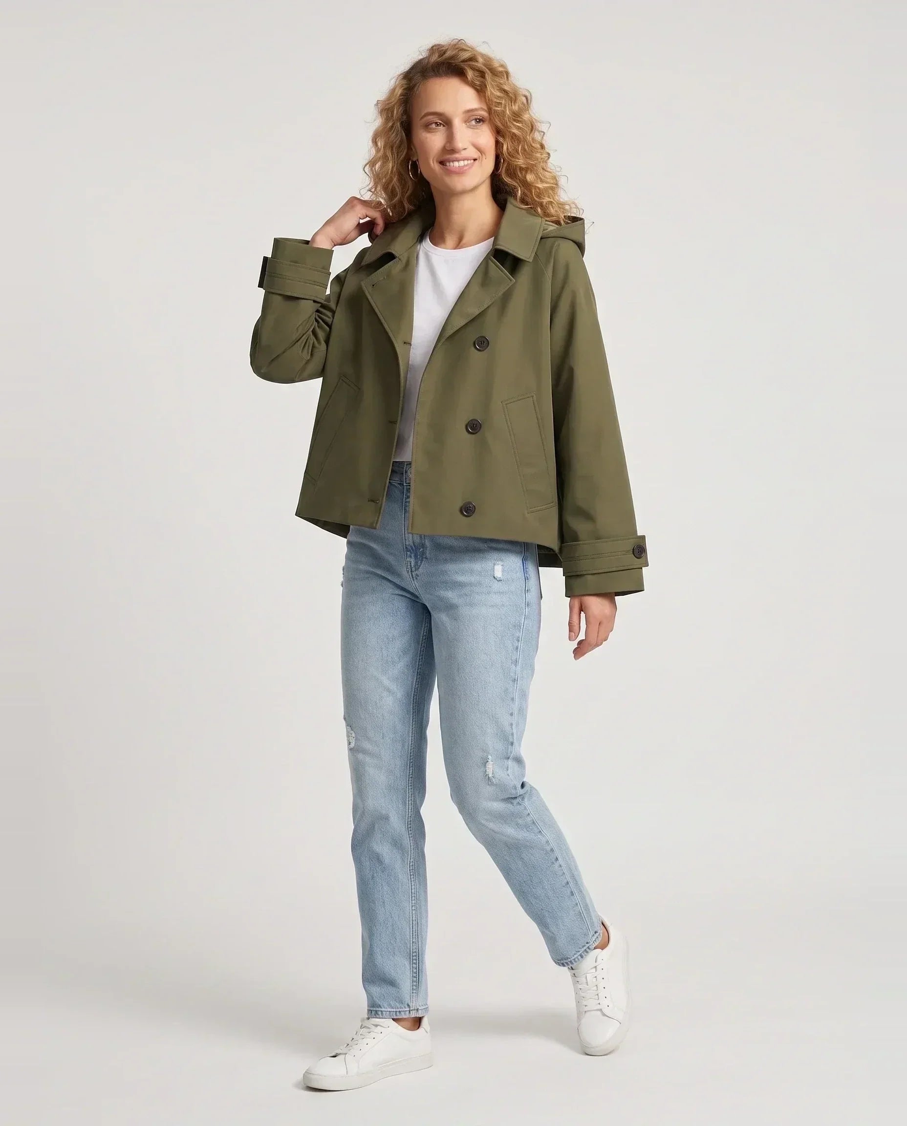 Women's cropped hooded trench jacket with buttons and angled pockets