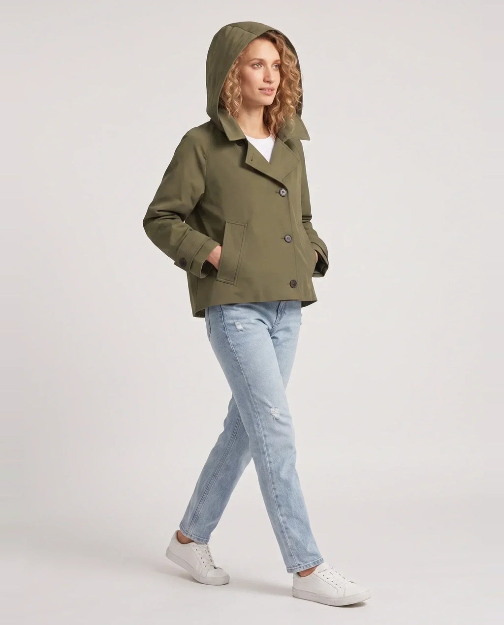 Women's cropped hooded trench jacket with buttons and angled pockets