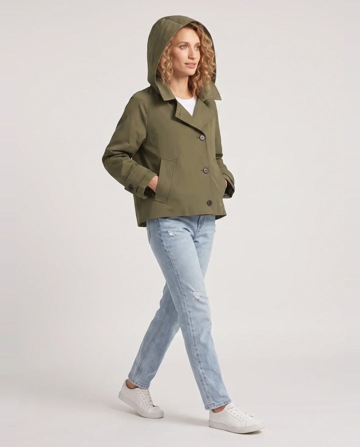 Women's cropped hooded trench jacket with buttons and angled pockets