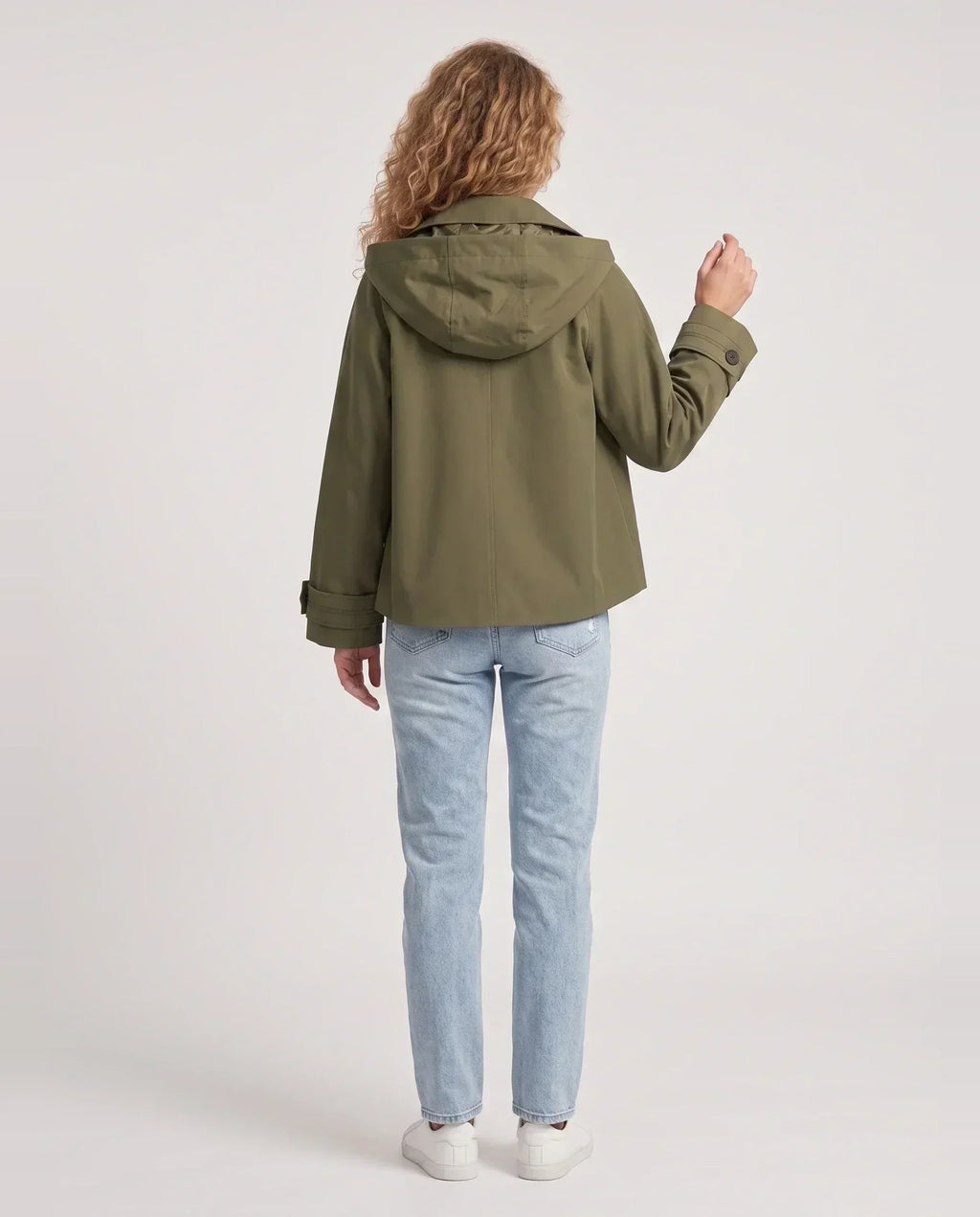 Women's cropped hooded trench jacket with buttons and angled pockets